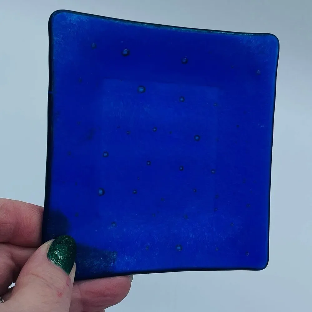 Dichroic Cobalt Blue Fused Glass Square Dish - Iridescent Rainbow Trinket Tray
